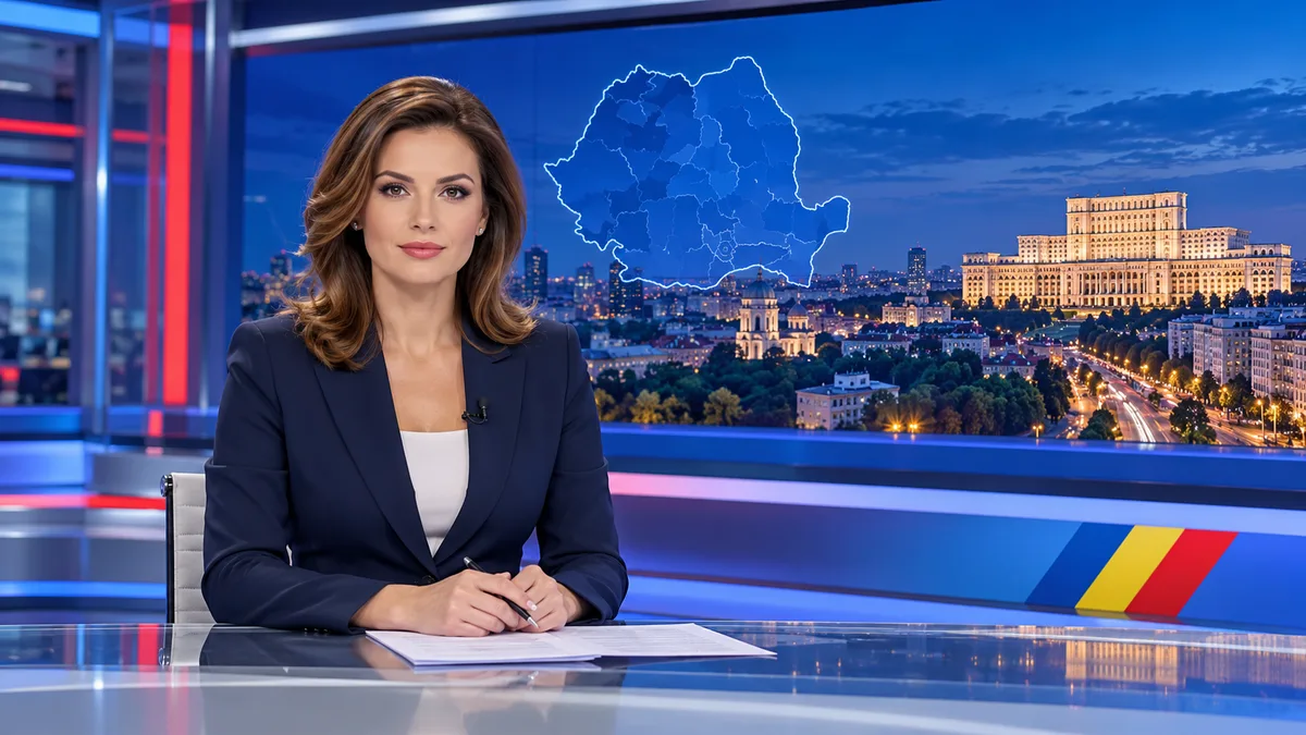 Studio de știri ilustrativ cu harta României